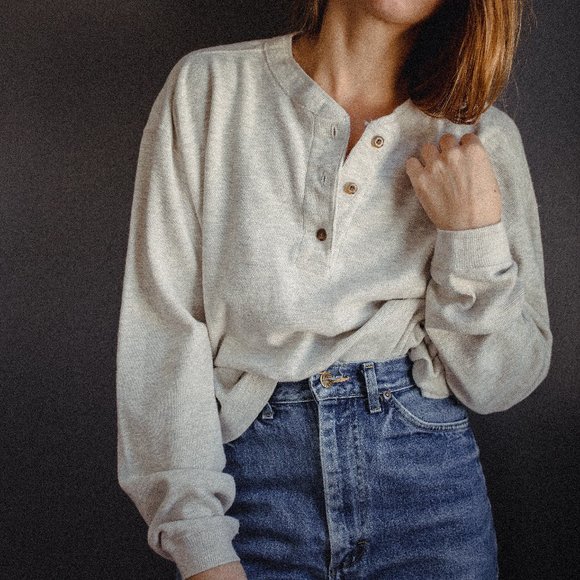 Vintage Tops - Vintage Lands End Waffle Henley Shirt